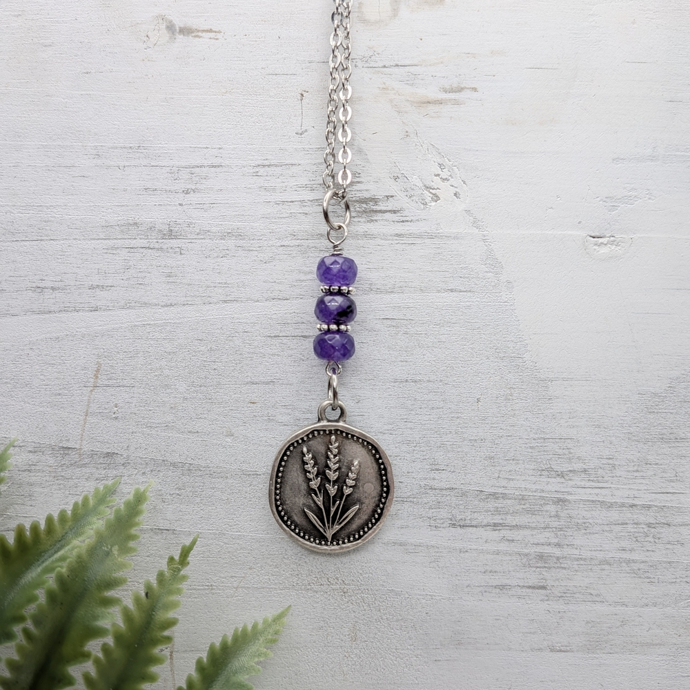 Silver and Purple Lavender Flower Pendant Necklace - Picture 2 of 4